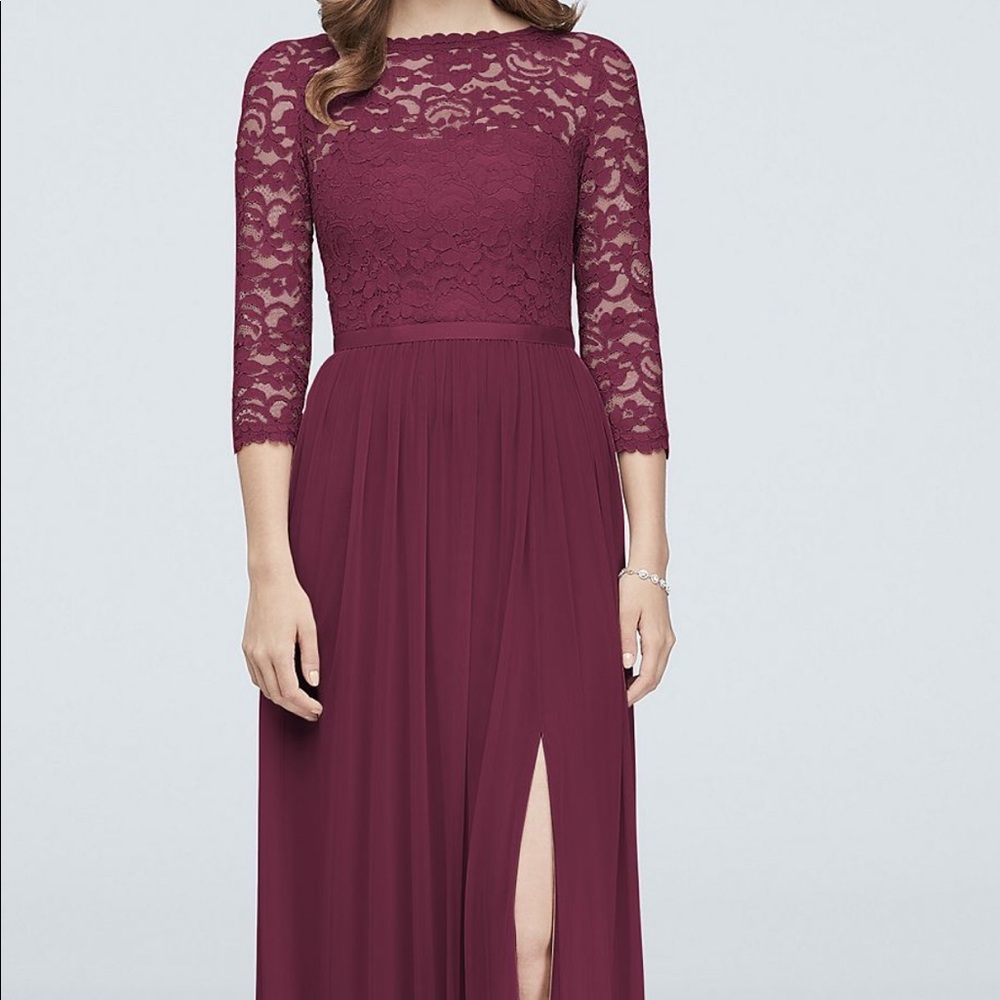Davids Bridal Bridesmaid Dress, lace sleeves, wine